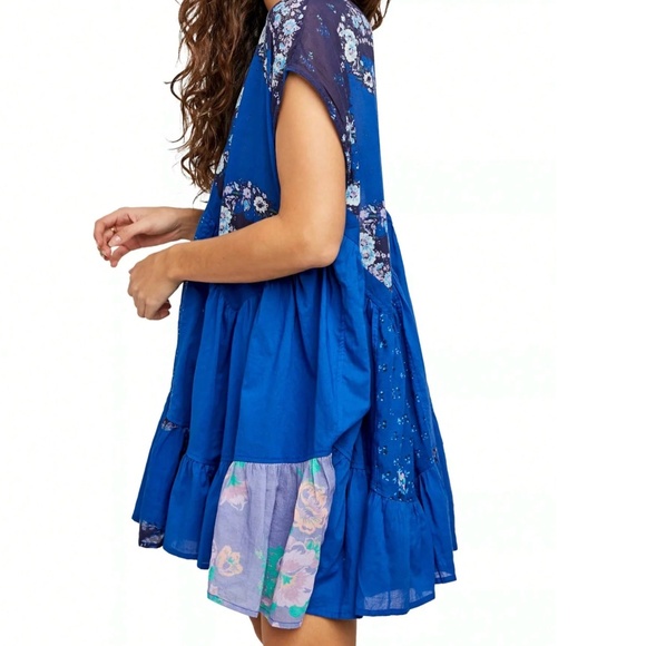 Boho Floral Print High Waisted V neck Ruffle Hem Mini Dress - Picture 4 of 6